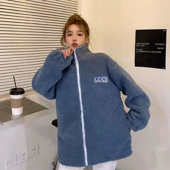 羊羔毛外套女秋冬季小个子高级感上衣加绒加厚美式复古开衫棒球服|undefined