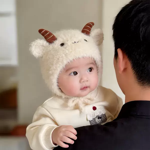Baby hat for autumn and winter, warm and thickened, knitted with ear protection, plush-lined, unisex, suitable for infants and toddlers, windproof knitted hat