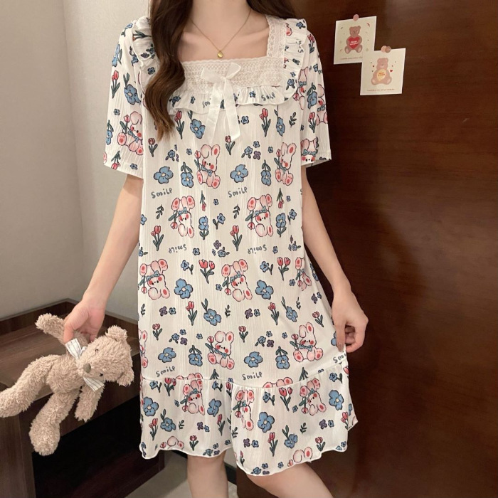 2024 pijama de mujer pijama de algodón de verano de manga corta encaje largo fresco ropa de hogar de estudiantes al por mayor