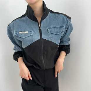 Autumn South Korea Vintage Stitching Contrast Color Loose Long-sleeved Denim Jacket Windbreaker Coat Women