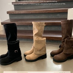 葡萄妈同款现货~ 两种穿法~ 可翻折粗跟扣带圆头西部堆堆靴女秋冬