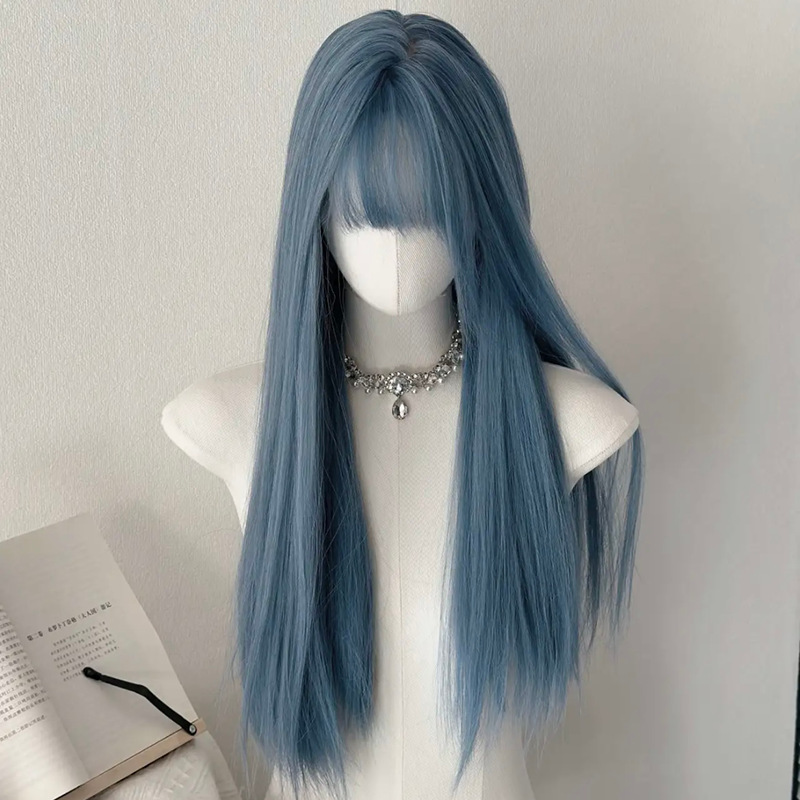 [color of the Sea] Blue Wig for Women with Long Hair, Bangs, Highlighted Blue, Simple Long Straight Hair, Full Head Wig