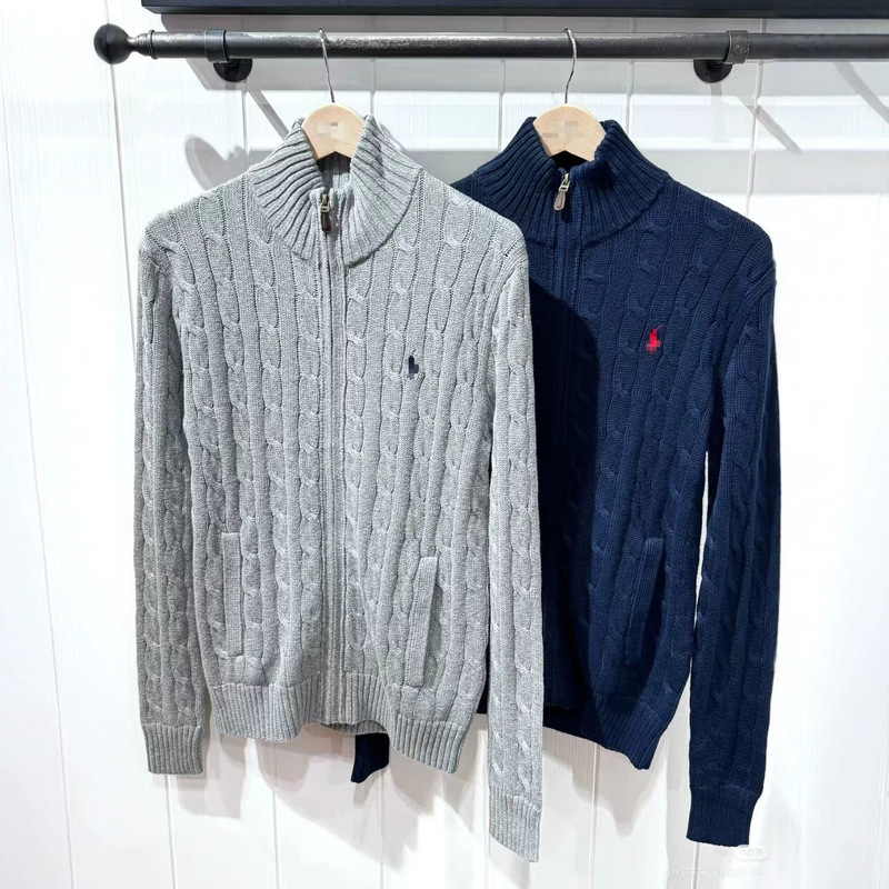 Autumn and winter collection: men's sweater with a small horse logo embroidery, classic "old money" style, thickened pure cotton, full-zip knitted jacket