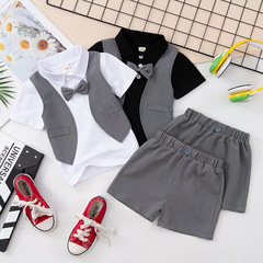 2023男童夏裝新款假馬甲兩件套短袖短褲套裝 兒童演出服 洋氣代發