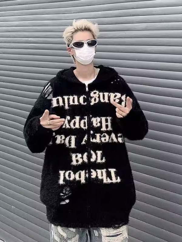 水貂绒毛衣男连帽冬季加厚破洞针织衫秋冬款美式高街潮牌拉链外套|undefined