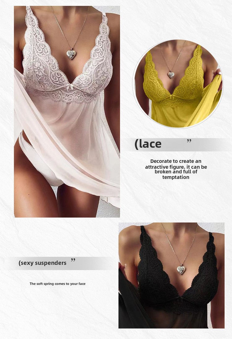 Crisp sexy lingerie foreign trade European and American export sling women's sexy lace perspective elegant sexy pajamas suit_desvips.com