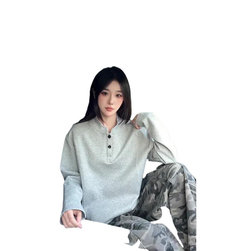 灰色亨利领长袖polo衫男款美式解构拼接正肩t恤boxy版型内搭卫衣|undefined