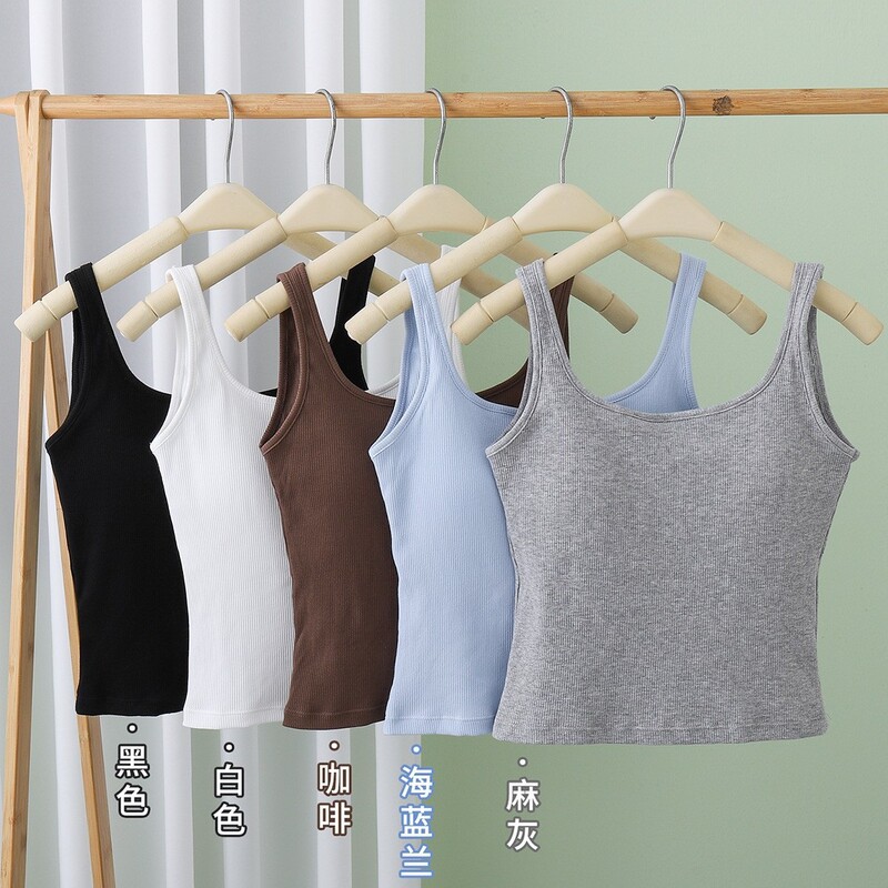 35206 # Early autumn ribbed tank top, solid color basic style, square neck, fixed cup, comfortable backless women's sleeveless top