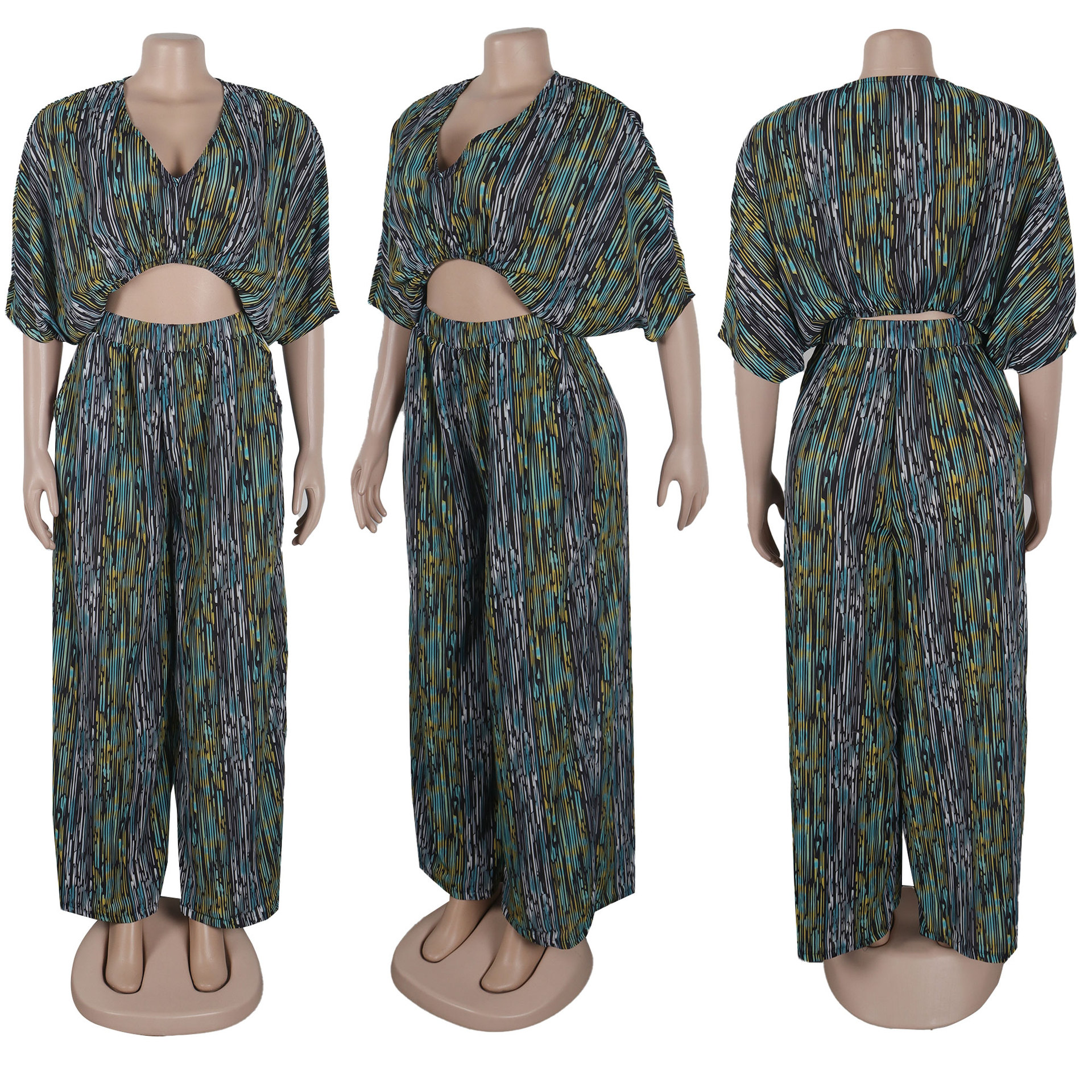 Women Popular Printed Contrast Color V-neck Wide Leg Two Piece Set