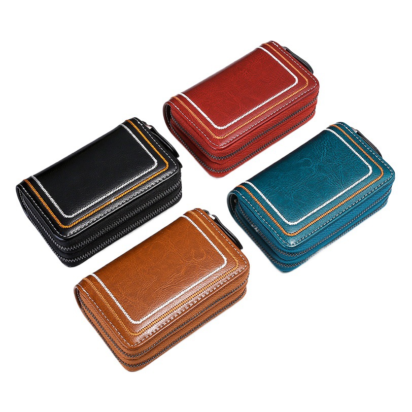 Nuevo cuero genuino multi-funcional clave caso de doble capa de la cremallera cubierta inferior anti-perdida cambio titular de la tarjeta de vaca coche clave caso