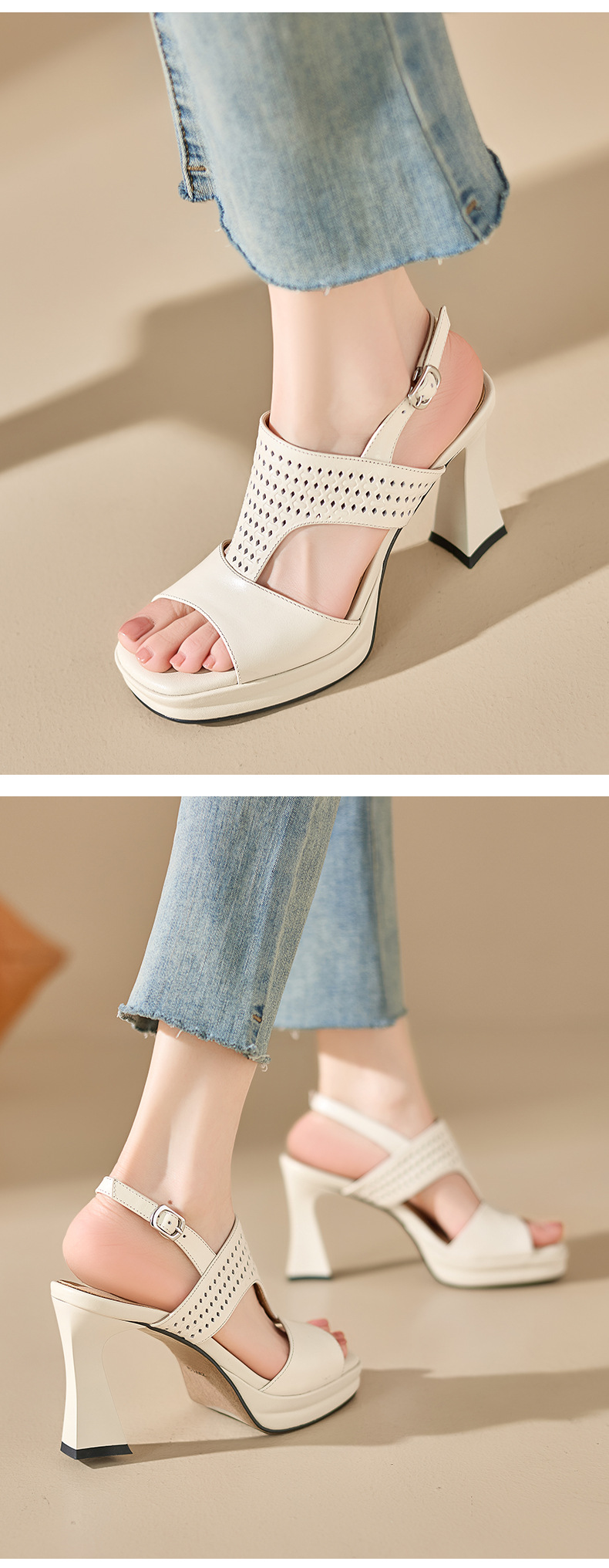 Sandal cao gót nữ hở mũi quai ngang khóa gót 9 cm — màu trắng ngà chi tiết 8