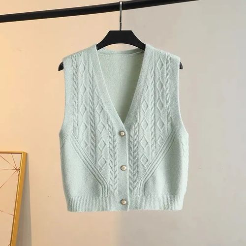 Cardigan vest for women, suitable for spring and autumn, versatile V-neck single-breasted short-sleeve sweater, interlocking stitch, paired with a plain jacket.