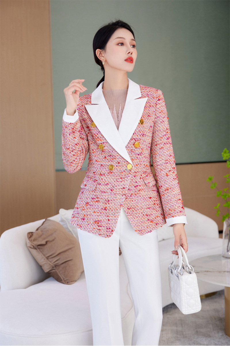 新款秋季法式长袖女装外套名媛气质设计感编织粗花粉色小香风外套