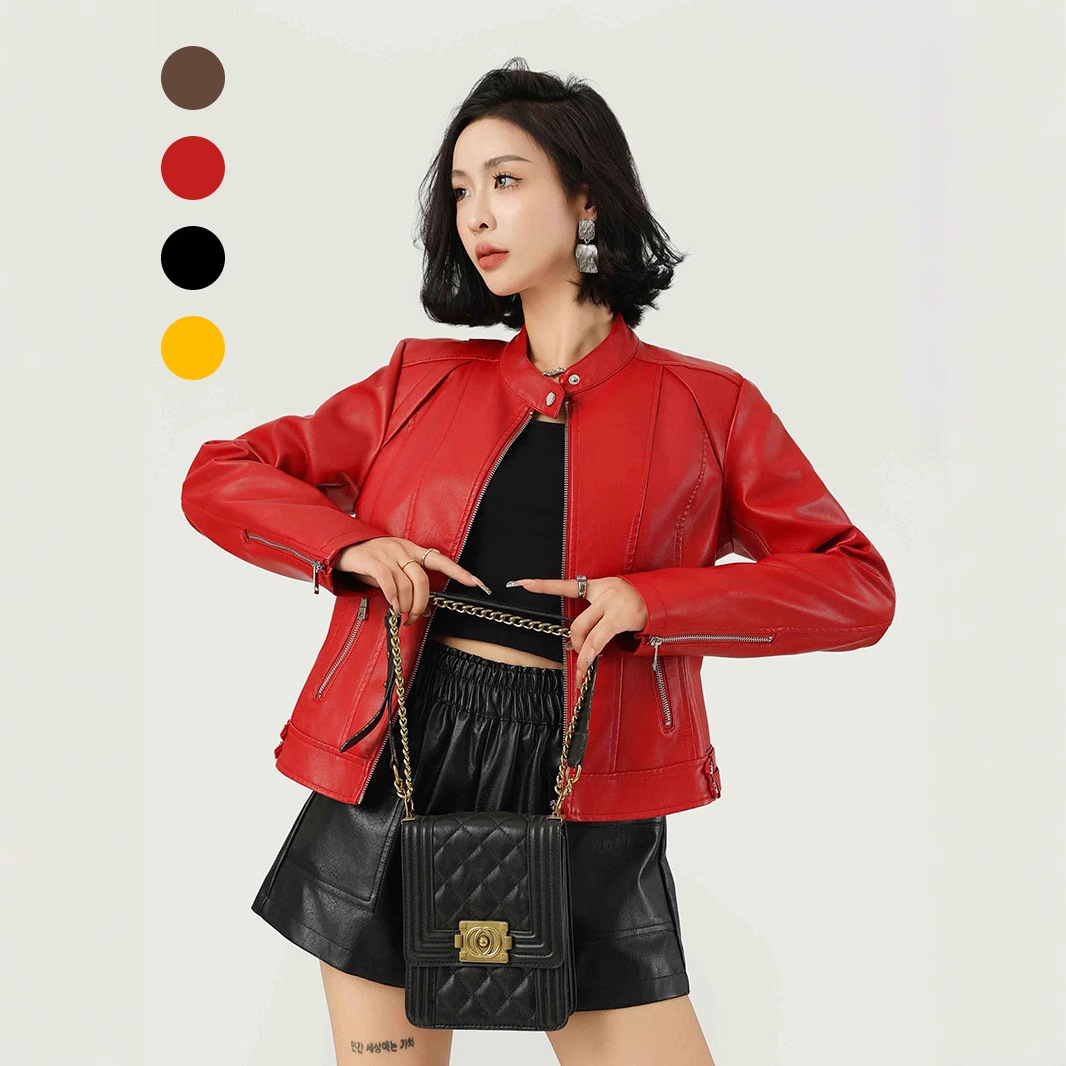 [in Stock, Ready to Ship] New European and American Cross-Border Women's Pu Leather Short Jacket with Stand Collar, Thin Style for Spring and Autumn, Red Leather Jacket