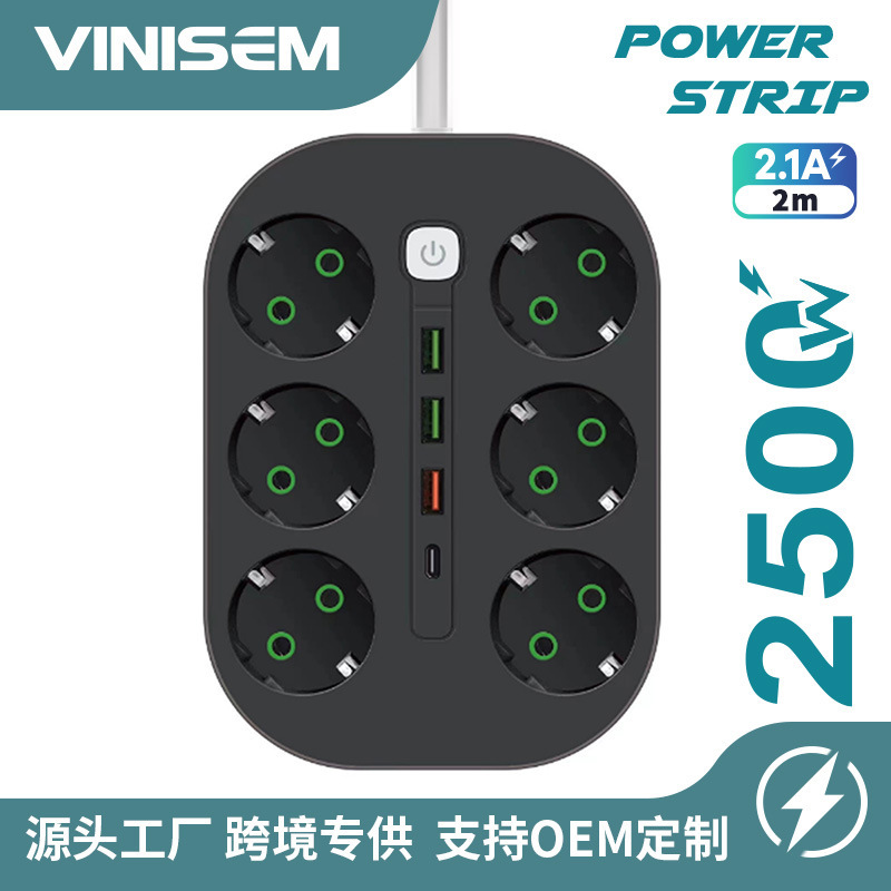 6 enchufes con USB TYPE C con enchufe de interruptor de línea estándar europeo enchufe de línea de extensión de suministro directo de comercio exterior transfronterizo