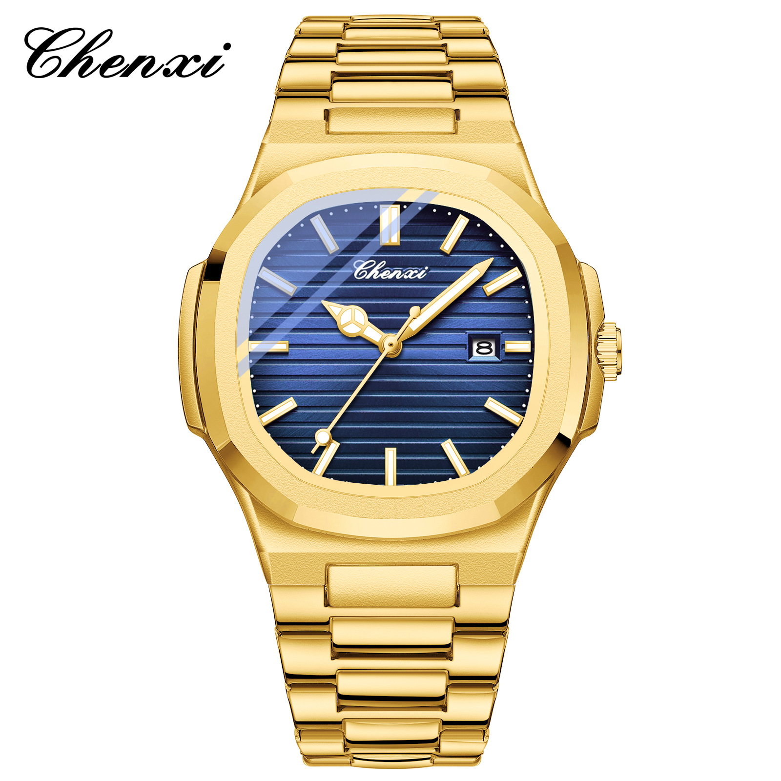 Chenxi transfronterizo venta caliente correa de acero reloj pareja luminosa impermeable simple moda negocio calendario hombres y mujeres reloj de cuarzo