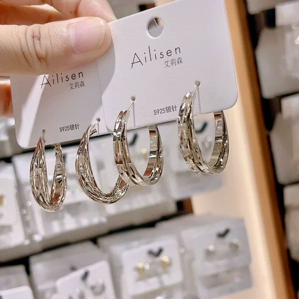 S925 silver needle multi-layered cross metal hoop earrings, high-end coffee gold glossy hoop earrings, simple earrings