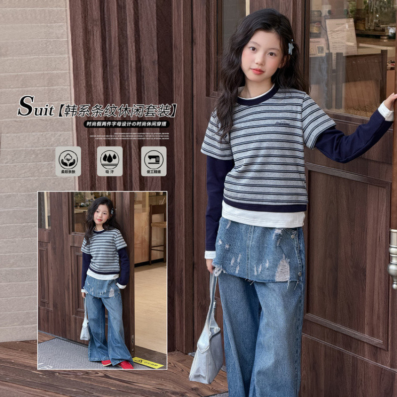 Zhili children's clothing girls' set 2026 autumn new style, Korean style faux two-piece striped color blocking T-shirt and jeans for middle and large children
