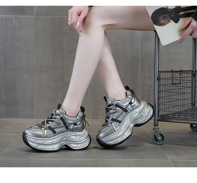 Giày sneaker nữ chunky đế dày phong cách Hàn Quốc, đính đá thời trang, phù hợp người thấp bé — M2803 màu xám, M2803 màu be chi tiết 12