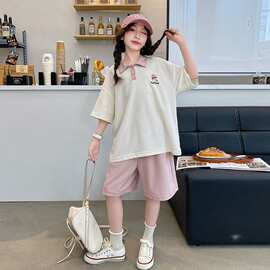 女童学院风套装夏季运动短袖短裤绣花新款女孩洋气polo衫儿童衣服
