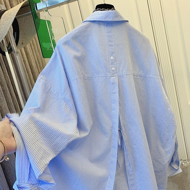 European Retro Blue Striped Long-Sleeve Shirt for Women, Autumn Design with Back Slit and Tie, Casual Loose Top Trendy