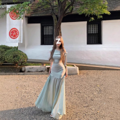 法式温柔风一字肩网纱拼接连衣裙女装夏季收腰显瘦A字裙