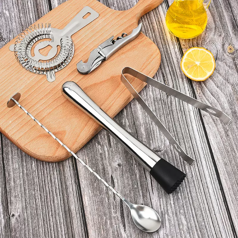 厂家批发不锈钢滤冰器鸡尾酒调酒工具五件套啤酒红酒开瓶器搅拌勺
