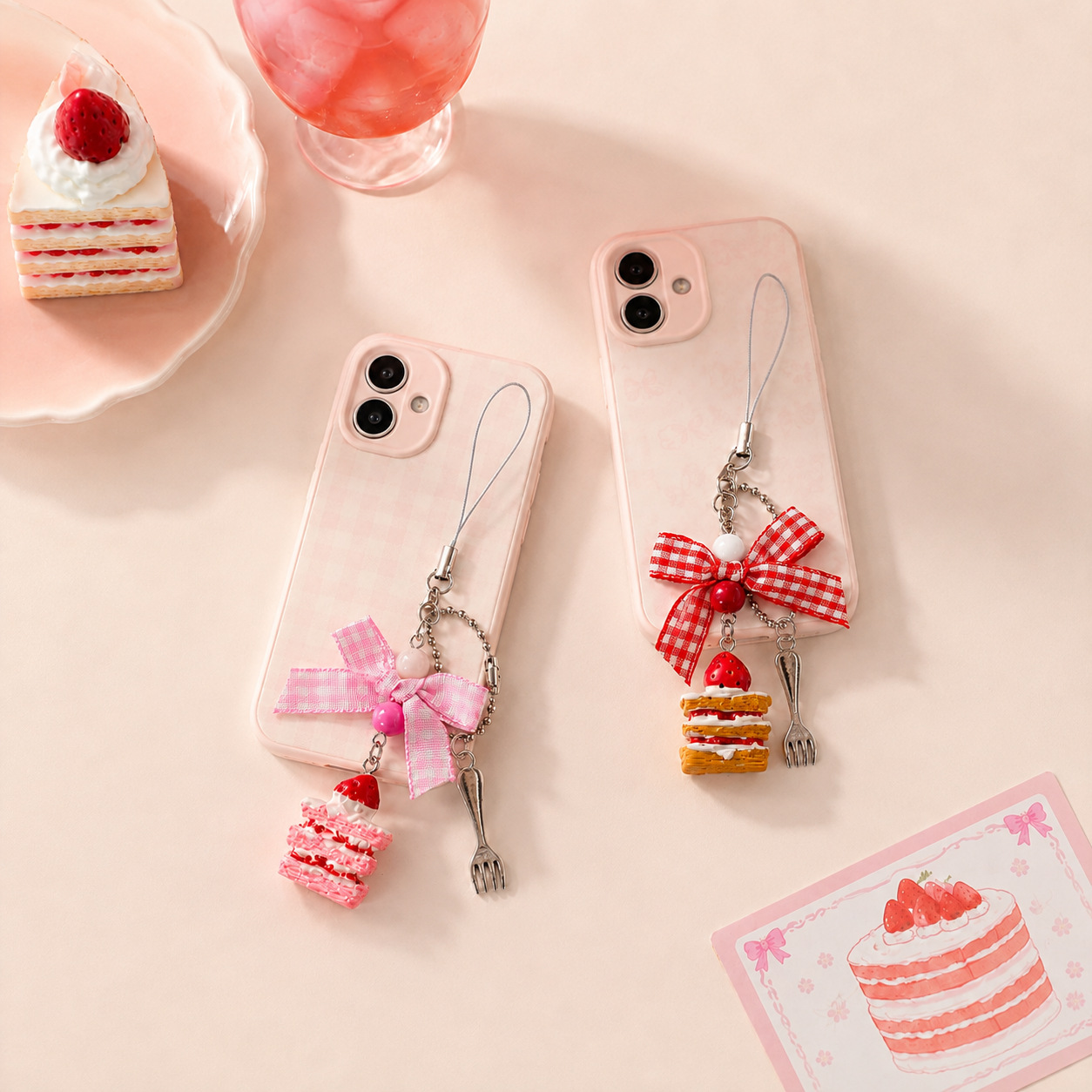 Directly from the Manufacturer: Girly Strawberry Cake Pendant, Red Checkered Bow, Fork, Realistic Dessert Resin Phone Strap
