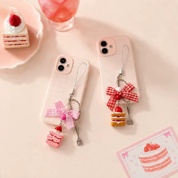 Directly from the Manufacturer: Girly Strawberry Cake Pendant, Red Checkered Bow, Fork, Realistic Dessert Resin Phone Strap