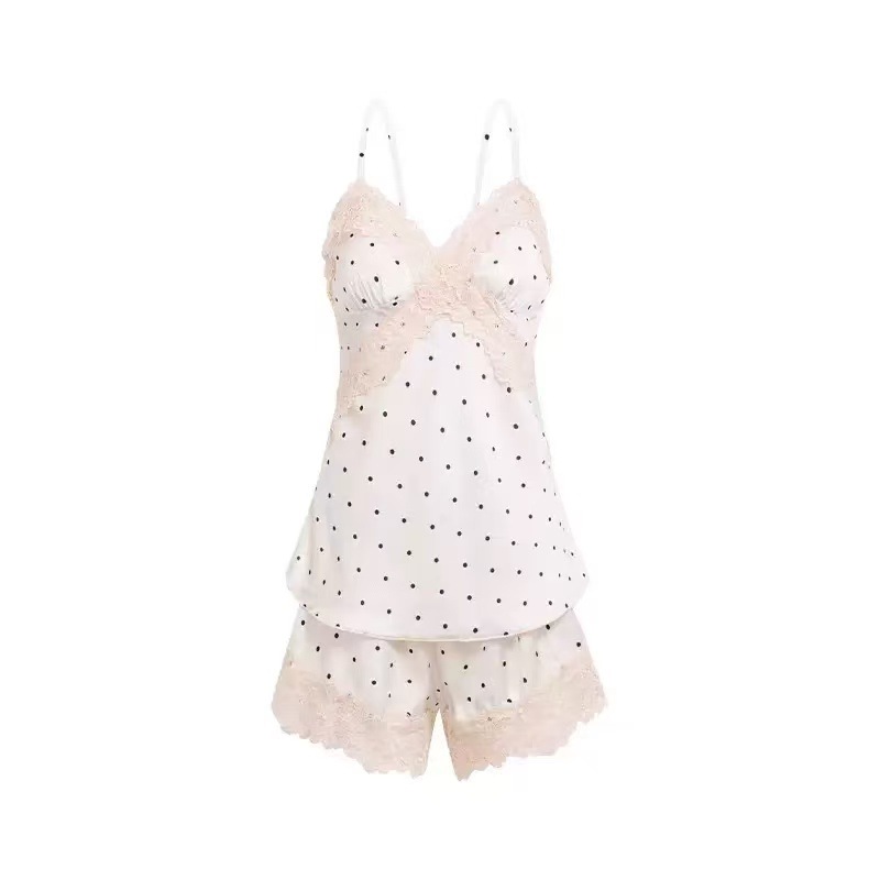 Women’s Ice Silk Lace Camisole Nightgown Set, Polka Dot Two-Piece Loungewear, Plus Size — detail image 3