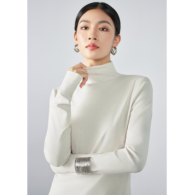 高级感轻奢半高领长袖T恤女2025秋季新款气质通勤休闲白色打底衫|undefined