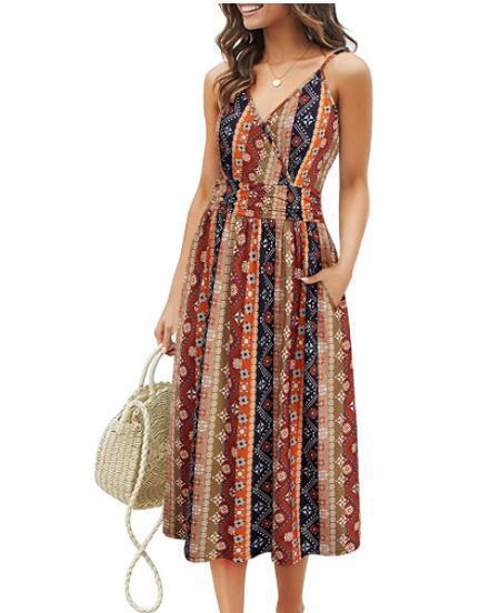 Printed Sling V-Neck Loose Pocket Beach Long Dress NSHFC125583