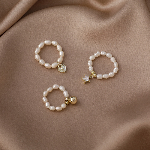 Freshwater Pearl Ring Women's Fashion Personality Ins Trend Niche Design Simple Zircon Love Star Elastic Ring