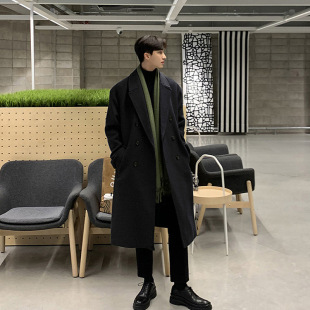 2023 new double breasted coat men's mid-length autumn and winter thickened windbreaker high-grade Korean woolen coat
