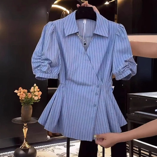 Design Stripe Short Sleeve Shirt Summer Plus Size Fat MM Waist Cinch Slimming V-Neck Shirt Puff Sleeve Half Sleeve Top 