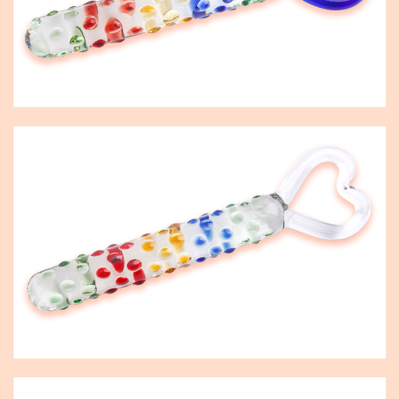 Glass Anal Plug with Heart-Shaped Pull-Tab, Raised Points and Textured Shaft, Transparent Pink — detail image 12