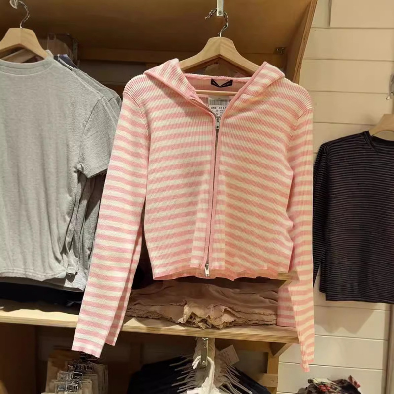 BM Style Brandy Same Style Xu Lu Same Pink Stripesd Hooded Double Zipper Rib Knitted Cardigan Sweater for Women in Autumn