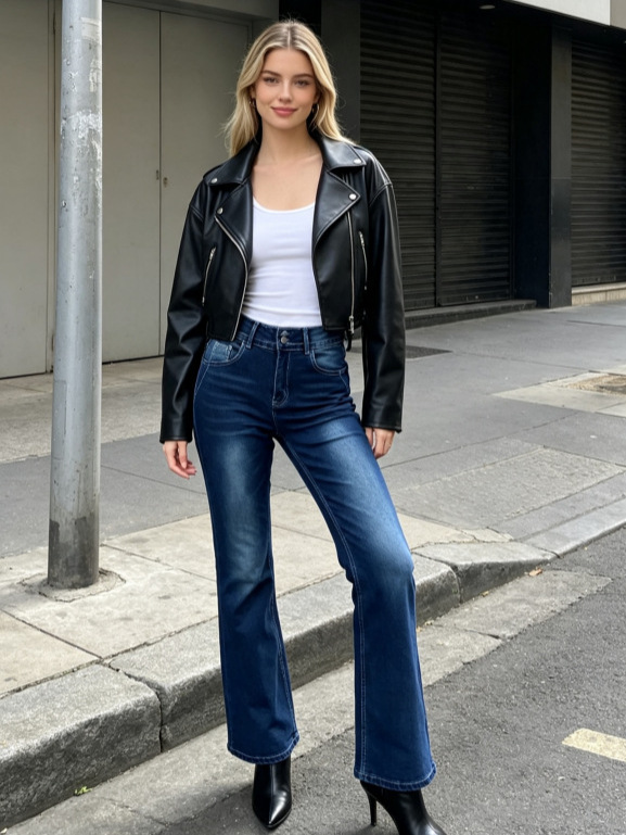 Jeans Acampanados de Cintura Alta para Mujer de Mezclilla de Algodón Elásticos Lavados