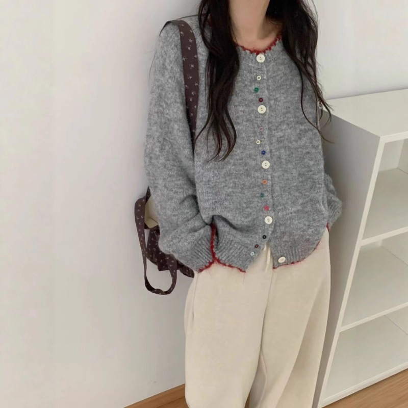 韩版彩扣撞色软糯百搭针织开衫女2025秋冬新款宽松显瘦圆领毛衣潮|undefined