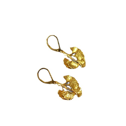 French Art Deco Layered Ginkgo Leaf Yellow Copper Antiqued Gold Niche Personality Style Earrings for Women