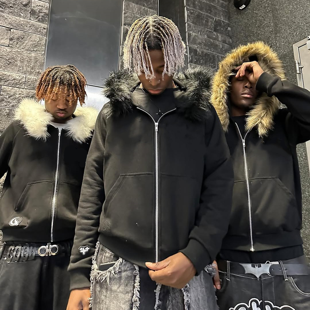 Y2K High Street American Style Fur Collar Printed Hooded Zipper Cardigan Sweatshirt For Men Autumn Winter Design Jacket_voghion.com