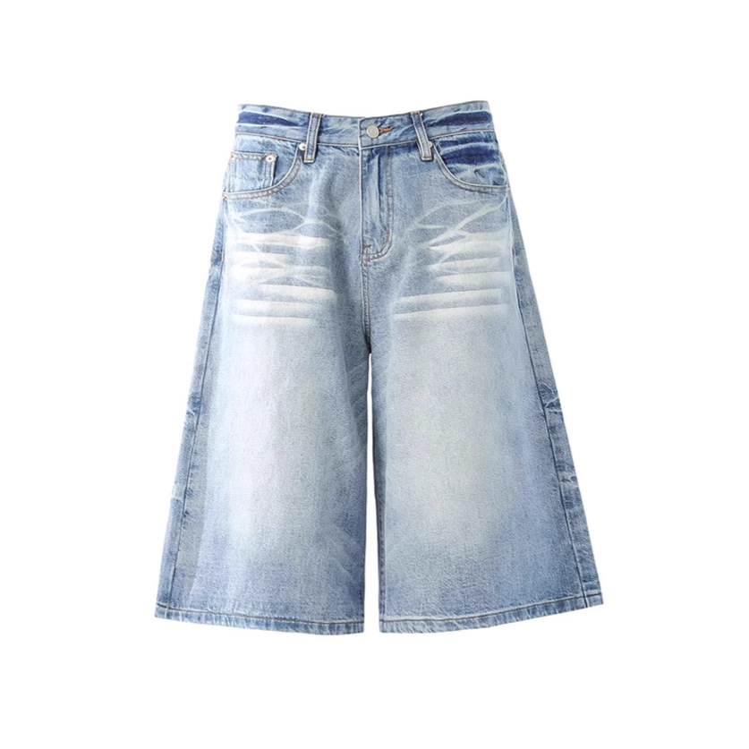 High Street Distressed Denim Shorts Men's & Women's Washed Wide-Leg Cargo Pants Cat Whisker Details_mkmklike.com