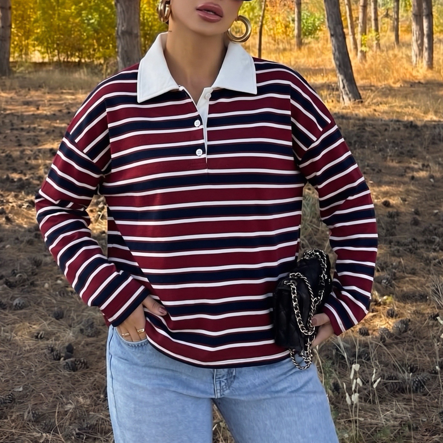 American retro style, foreign trade, cross-border women's striped long-sleeved T-shirt, polo collar, color-blocked loose casual long-sleeved top