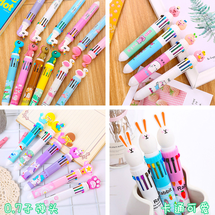 Bolígrafos de diez colores en varios estilos, bolígrafos retráctiles de dibujos animados para chicas, bolígrafos multifuncionales para estudiantes.