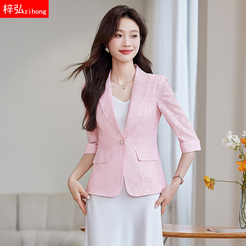 Pink Lace Sequin Small Suit for Women 2025 Summer Light and Thin Design Casual Slim Small Suit Jacket