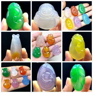Natural high ice yellow red green chalcedony agate tree leaves Ruyi cicadas Guanyin Buddha male Nine Tail Fox pendant pendant