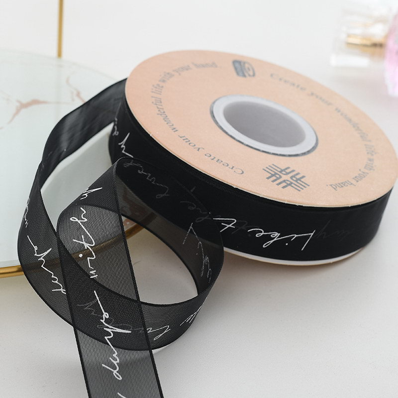 Venta al por mayor cinta de impresión de hilo de nieve letras inglesas Flor de organza pastel de embalaje cinta de ramo de vendaje transparente