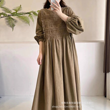 8094日系女装花边灯芯绒连衣裙甜美森系娃娃裙文艺复古森女风秋