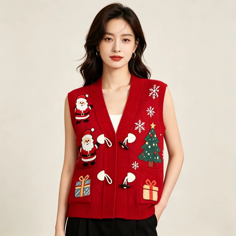 Custom-designed vintage women's long-sleeve cardigan with ugly Santa Claus pattern sweater and front logo for winter Custom-designed vintage women's long-sleeve cardigan with ugly Santa Claus pattern sweater and front logo for winter