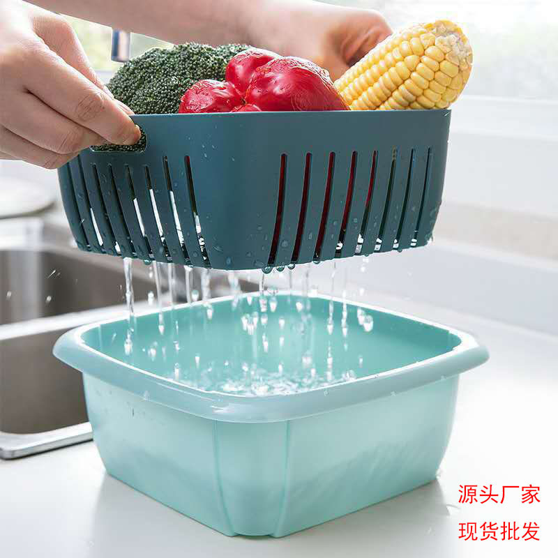 Double-layer fruit and vegetable basket, multi-functional refrigerator crisper, kitchen vegetable basket, plastic storage basket, factory direct sale